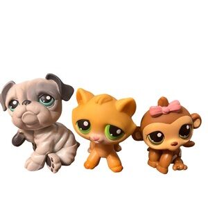 Authentic Littlest Pet Shop Gray Bulldog, Orange Cat, Brown Monkey Set